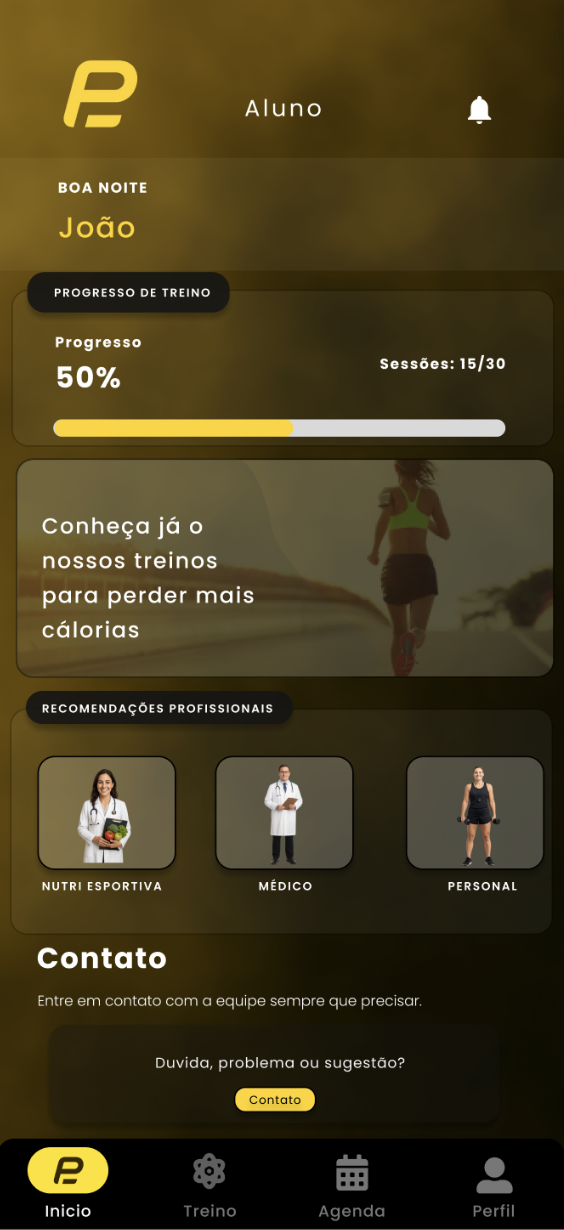 Tela inicial do app, mostrando progresso de treino do aluno e recomendações de profissionais
